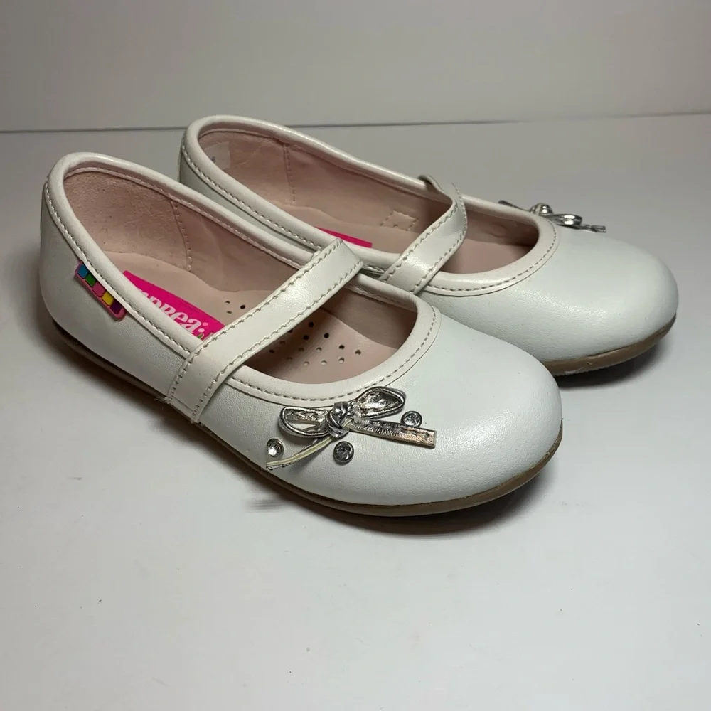 Andrea Girl Toddler White Leather Ballet Flat Metallic Bow Size 8 NEW